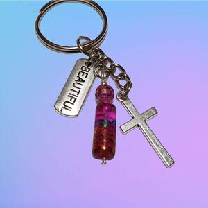 Key Chain Handmade Live is Beautiful Pink & Silver